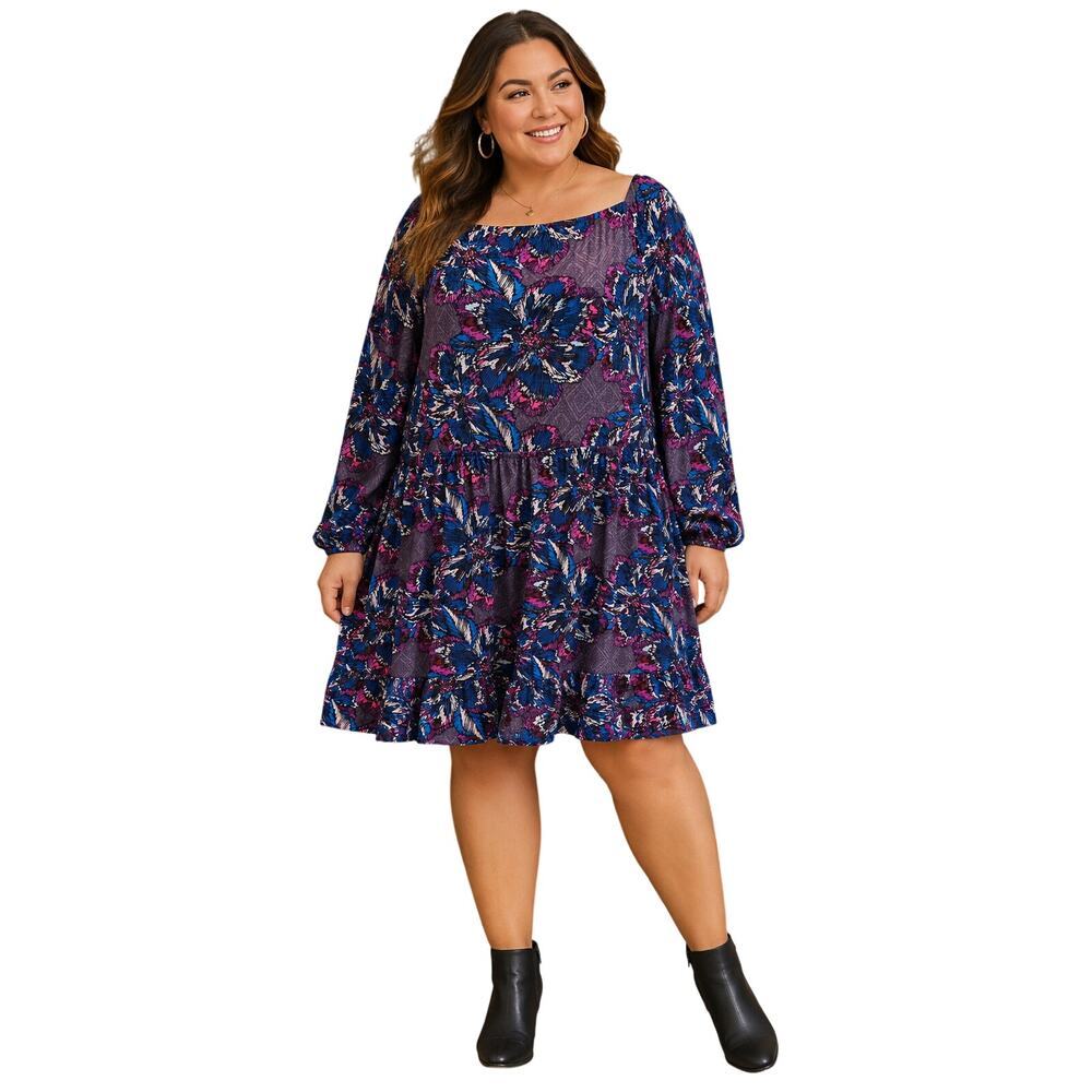 Lane bryant 22 / 24 short flare babydoll dress colorful long sleeve casual EUC